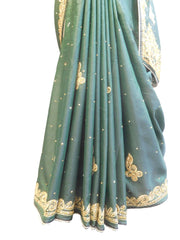 SMSAREE Green Designer Wedding Partywear Satin Silk Stone Thread & Cutdana Hand Embroidery Work Bridal Saree Sari With Blouse Piece E812