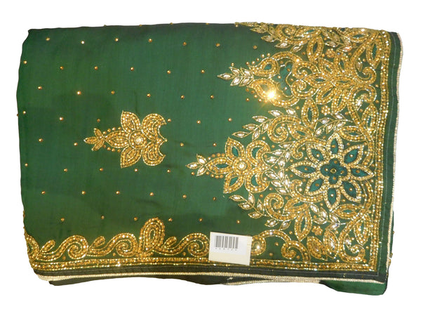 SMSAREE Green Designer Wedding Partywear Satin Silk Stone Thread & Cutdana Hand Embroidery Work Bridal Saree Sari With Blouse Piece E812