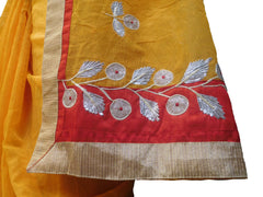SMSAREE Yellow Designer Wedding Partywear Supernet (Cotton) Zari & Gota Hand Embroidery Work Bridal Saree Sari With Blouse Piece E813