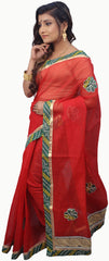 SMSAREE Red Designer Wedding Partywear Supernet (Cotton) Zari & Gota Hand Embroidery Work Bridal Saree Sari With Blouse Piece E814