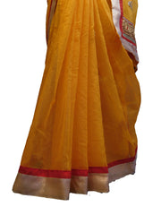 SMSAREE Yellow Designer Wedding Partywear Supernet (Cotton) Zari & Gota Hand Embroidery Work Bridal Saree Sari With Blouse Piece E817