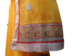 SMSAREE Yellow Designer Wedding Partywear Supernet (Cotton) Zari & Gota Hand Embroidery Work Bridal Saree Sari With Blouse Piece E817