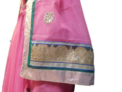 SMSAREE Pink Designer Wedding Partywear Supernet (Cotton) Zari & Gota Hand Embroidery Work Bridal Saree Sari With Blouse Piece E819