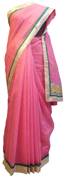 SMSAREE Pink Designer Wedding Partywear Supernet (Cotton) Zari & Gota Hand Embroidery Work Bridal Saree Sari With Blouse Piece E821