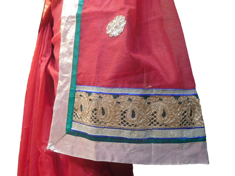 SMSAREE Red Designer Wedding Partywear Supernet (Cotton) Zari & Gota Hand Embroidery Work Bridal Saree Sari With Blouse Piece E822