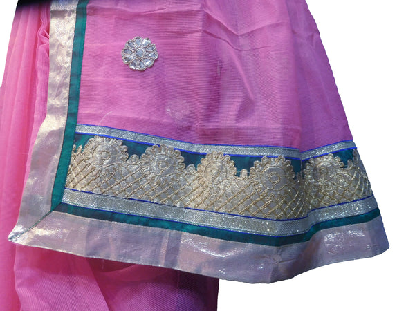SMSAREE Pink Designer Wedding Partywear Supernet (Cotton) Zari & Gota Hand Embroidery Work Bridal Saree Sari With Blouse Piece E823