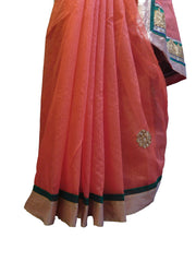 SMSAREE Peach Designer Wedding Partywear Supernet (Cotton) Zari & Gota Hand Embroidery Work Bridal Saree Sari With Blouse Piece E825