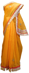 SMSAREE Yellow Designer Wedding Partywear Supernet (Cotton) Zari & Gota Hand Embroidery Work Bridal Saree Sari With Blouse Piece E826