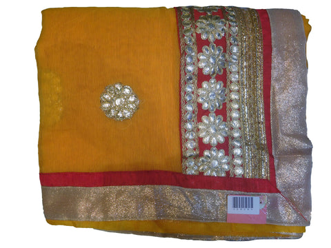 SMSAREE Yellow Designer Wedding Partywear Supernet (Cotton) Zari & Gota Hand Embroidery Work Bridal Saree Sari With Blouse Piece E828