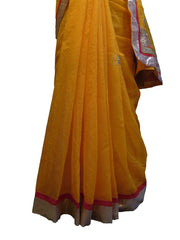 SMSAREE Yellow Designer Wedding Partywear Supernet (Cotton) Zari & Gota Hand Embroidery Work Bridal Saree Sari With Blouse Piece E829