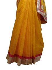 SMSAREE Yellow Designer Wedding Partywear Supernet (Cotton) Zari & Gota Hand Embroidery Work Bridal Saree Sari With Blouse Piece E830