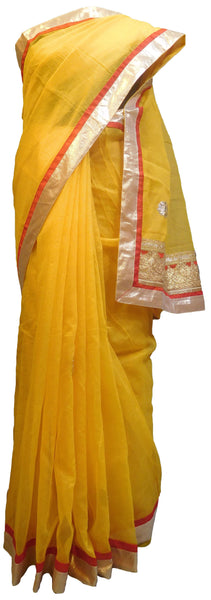 SMSAREE Yellow Designer Wedding Partywear Supernet (Cotton) Zari & Gota Hand Embroidery Work Bridal Saree Sari With Blouse Piece E833