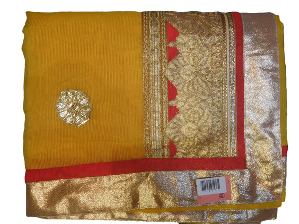 SMSAREE Yellow Designer Wedding Partywear Supernet (Cotton) Zari & Gota Hand Embroidery Work Bridal Saree Sari With Blouse Piece E833