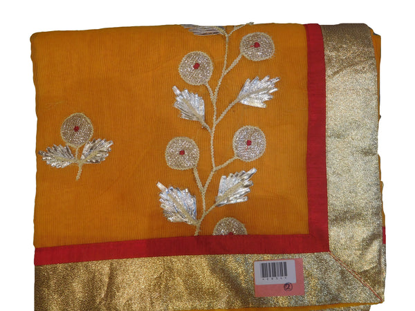 SMSAREE Yellow Designer Wedding Partywear Supernet (Cotton) Zari & Gota Hand Embroidery Work Bridal Saree Sari With Blouse Piece E834