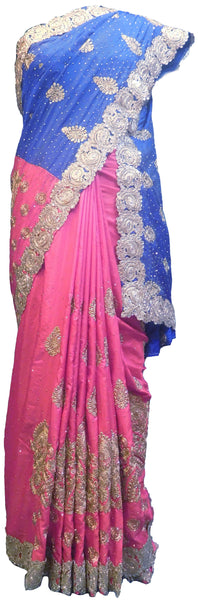 SMSAREE Blue & Pink Designer Wedding Partywear Silk Zari & Stone Hand Embroidery Work Bridal Saree Sari With Blouse Piece E836