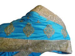 SMSAREE Turquoise Designer Wedding Partywear Silk Cutdana Pearl Zari & Stone Hand Embroidery Work Bridal Saree Sari With Blouse Piece E837