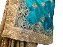 SMSAREE Turquoise & Cream Designer Wedding Partywear Silk Cutdana Zari & Stone Hand Embroidery Work Bridal Saree Sari With Blouse Piece E844