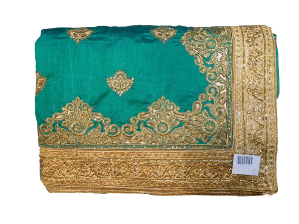 SMSAREE Turquoise & Cream Designer Wedding Partywear Silk Cutdana Zari & Stone Hand Embroidery Work Bridal Saree Sari With Blouse Piece E844