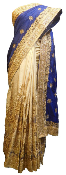 SMSAREE Blue & Cream Designer Wedding Partywear Silk Cutdana Zari & Stone Hand Embroidery Work Bridal Saree Sari With Blouse Piece E845