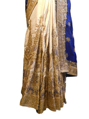 SMSAREE Blue & Cream Designer Wedding Partywear Silk Cutdana Zari & Stone Hand Embroidery Work Bridal Saree Sari With Blouse Piece E845