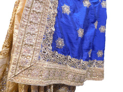 SMSAREE Blue & Cream Designer Wedding Partywear Silk Cutdana Zari & Stone Hand Embroidery Work Bridal Saree Sari With Blouse Piece E845