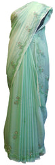 SMSAREE Green Designer Wedding Partywear Georgette Cutdana Thread Beads Pearl & Stone Hand Embroidery Work Bridal Saree Sari With Blouse Piece E846