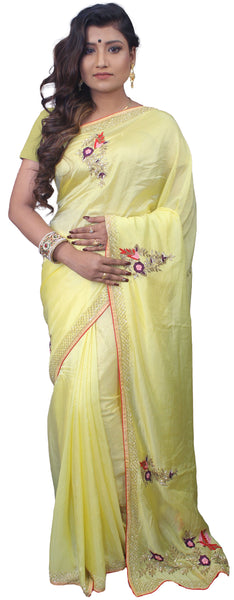SMSAREE Yellow Designer Wedding Partywear Satin Silk Cutdana Thread Zari & Pearl Hand Embroidery Work Bridal Saree Sari With Blouse Piece E847