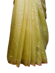 SMSAREE Yellow Designer Wedding Partywear Satin Silk Cutdana Thread Zari & Pearl Hand Embroidery Work Bridal Saree Sari With Blouse Piece E847
