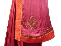 SMSAREE Wine Designer Wedding Partywear Crepe (Chinon) Thread & Stone Hand Embroidery Work Bridal Saree Sari With Blouse Piece E848