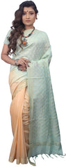 SMSAREE Green & Peach Designer Wedding Partywear Handloom Linen Thread & Zari Hand Embroidery Work Bridal Saree Sari With Blouse Piece E850