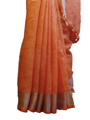 SMSAREE Peach Designer Wedding Partywear Handloom Linen Thread & Zari Hand Embroidery Work Bridal Saree Sari With Blouse Piece E851