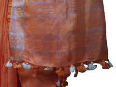 SMSAREE Peach Designer Wedding Partywear Handloom Linen Thread & Zari Hand Embroidery Work Bridal Saree Sari With Blouse Piece E851