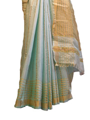 SMSAREE Green Designer Wedding Partywear Handloom Linen Thread & Zari Hand Embroidery Work Bridal Saree Sari With Blouse Piece E853