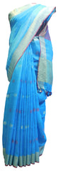 SMSAREE Blue Designer Wedding Partywear Handloom Linen Thread & Zari Hand Embroidery Work Bridal Saree Sari With Blouse Piece E854