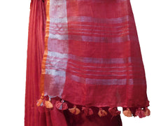 SMSAREE Red Designer Wedding Partywear Handloom Linen Thread & Zari Hand Embroidery Work Bridal Saree Sari With Blouse Piece E855