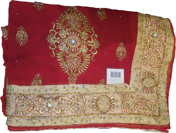 SMSAREE Red Designer Wedding Partywear Georgette Cutdana Thread Zari & Stone Hand Embroidery Work Bridal Saree Sari With Blouse Piece E857