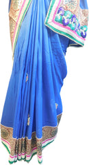SMSAREE Blue Designer Wedding Partywear Georgette (Viscos) Thread Zari Beads Pearl Bullion & Stone Hand Embroidery Work Bridal Saree Sari With Blouse Piece E858