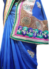 SMSAREE Blue Designer Wedding Partywear Georgette (Viscos) Thread Zari Beads Pearl Bullion & Stone Hand Embroidery Work Bridal Saree Sari With Blouse Piece E858