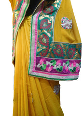 SMSAREE Yellow Designer Wedding Partywear Georgette (Viscos) Thread Zari Beads Pearl Bullion & Stone Hand Embroidery Work Bridal Saree Sari With Blouse Piece E859