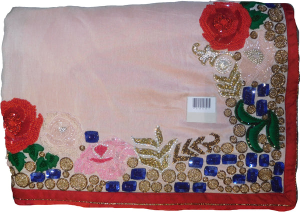 SMSAREE Cream Designer Wedding Partywear Crepe (Chinon) Thread Zari Cutdana Sequence & Stone Hand Embroidery Work Bridal Saree Sari With Blouse Piece E860