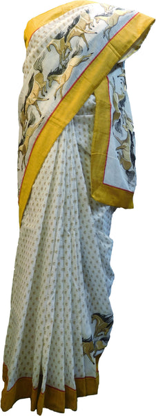 SMSAREE Cream Designer Wedding Partywear Cotton (Supernet) Hand Brush Print & Thread Hand Embroidery Work Bridal Saree Sari With Blouse Piece E861
