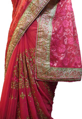 SMSAREE Pink Designer Wedding Partywear Brasso & Georgette Cutdana Thread Zari & Stone Hand Embroidery Work Bridal Saree Sari With Blouse Piece E862