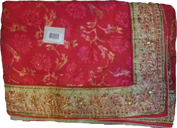 SMSAREE Pink Designer Wedding Partywear Brasso & Georgette Cutdana Thread Zari & Stone Hand Embroidery Work Bridal Saree Sari With Blouse Piece E862