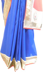 SMSAREE Red & Blue Designer Wedding Partywear Georgette (Viscos) Thread Zari Cutdana Bullion & Stone Hand Embroidery Work Bridal Saree Sari With Blouse Piece E863