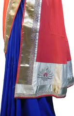 SMSAREE Red & Blue Designer Wedding Partywear Georgette (Viscos) Thread Zari Cutdana Bullion & Stone Hand Embroidery Work Bridal Saree Sari With Blouse Piece E863