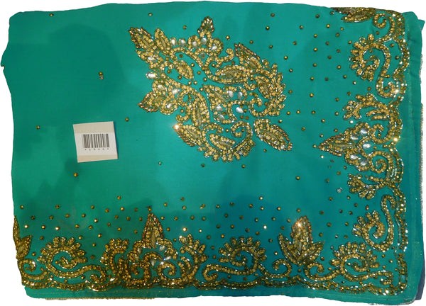 SMSAREE Turquoise Designer Wedding Partywear Georgette Thread Cutdana & Stone Hand Embroidery Work Bridal Saree Sari With Blouse Piece E866