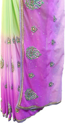 SMSAREE Green Lavender & Purple Designer Wedding Partywear Georgette Thread Cutdana Pearl & Stone Hand Embroidery Work Bridal Saree Sari With Blouse Piece E869
