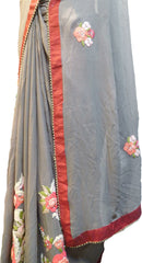 SMSAREE Grey Designer Wedding Partywear Georgette (Viscos) Thread Bullion Pearl & Stone Hand Embroidery Work Bridal Saree Sari With Blouse Piece E870