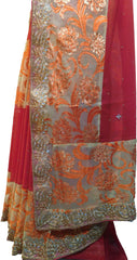 SMSAREE Red Designer Wedding Partywear Brasso & Georgette Zari & Stone Hand Embroidery Work Bridal Saree Sari With Blouse Piece E871