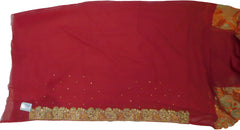 SMSAREE Red Designer Wedding Partywear Brasso & Georgette Zari & Stone Hand Embroidery Work Bridal Saree Sari With Blouse Piece E871